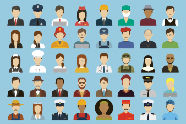 Grid of illustrated people wearing a variety of occupational uniforms and everyday clothing.