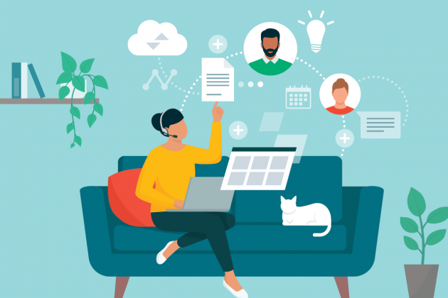 Illustration of a person working on a laptop from a sofa with online collaboration icons and a cat nearby.