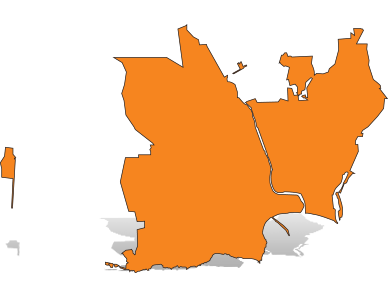 Orange silhouette map of Santa Cruz with a drop shadow.
