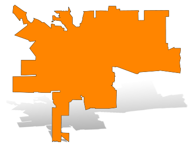 Orange silhouette map of Cupertino with a gray drop shadow.