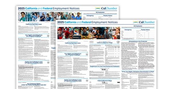 Two overlapping 2025 California and Federal Employment Notices posters.