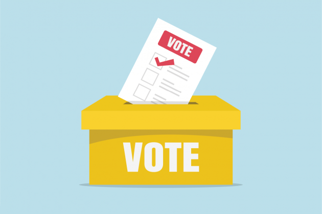 Illustration of a checked ballot entering a yellow box labeled VOTE.