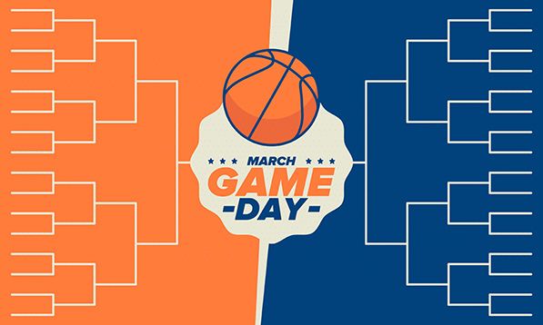 March Game Day basketball graphic between tournament brackets on orange and blue panels.