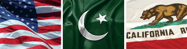 United States, Pakistan and California flags displayed side by side.