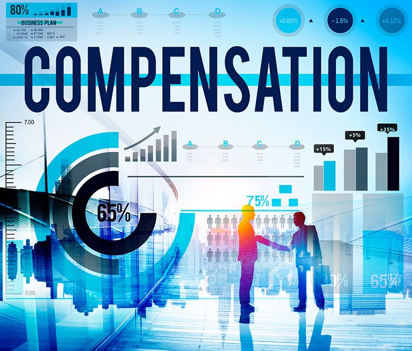 COMPENSATION graphic overlays charts, percentages and business silhouettes in blue.
