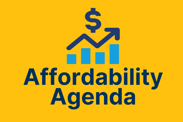 Affordability Agenda lettering beneath a rising bar chart and dollar symbol on yellow.