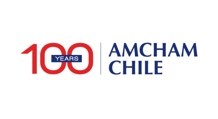 AmCham Chile centennial logo reading 100 Years in red and blue.