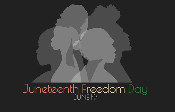 Juneteenth Freedom Day, June 19 graphic with overlapping gray profile silhouettes on black.