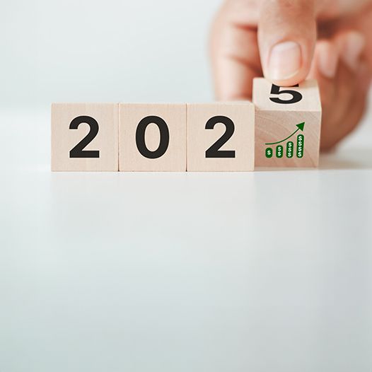 A hand turns the last of wooden 2025 blocks, revealing an upward bar-chart symbol.