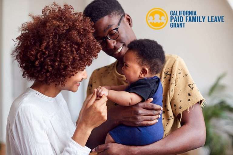 A smiling Black family with a baby, alongside the California Paid Family Leave Grant logo.