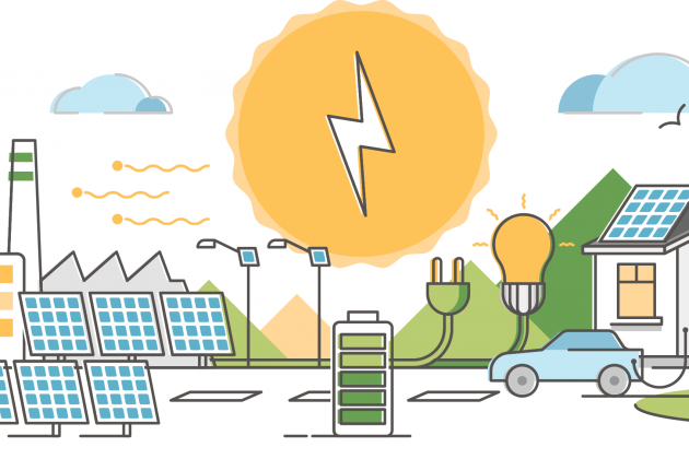 Illustration of solar panels, a battery, electric car, house and lightbulb around a large energy symbol.