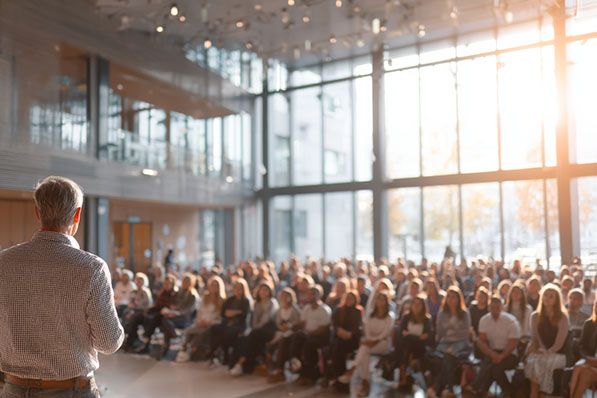 A presenter faces a large seated audience in a bright glass-walled hall.