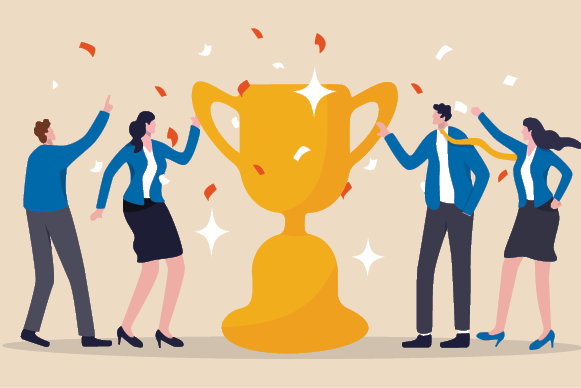 Illustration of four people celebrating around a large gold trophy with falling confetti.