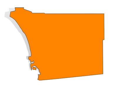 Orange silhouette map of San Diego County with a gray drop shadow.