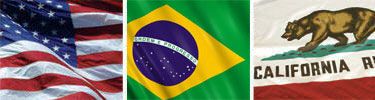 U.S., Brazilian and California flags arranged in three adjacent panels.