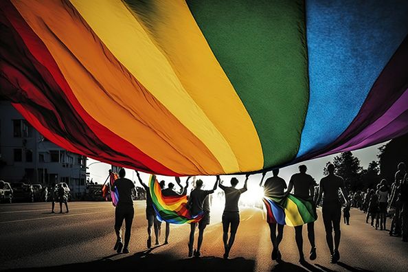 People carry a large rainbow flag overhead along a street.
