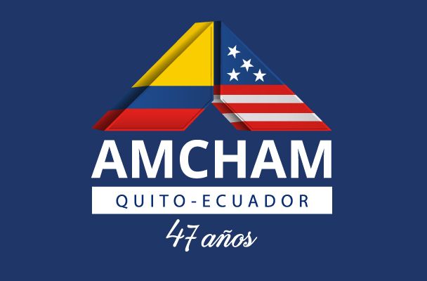 AMCHAM Quito-Ecuador 47 años logo combining Ecuadorian and U.S. flag colors.