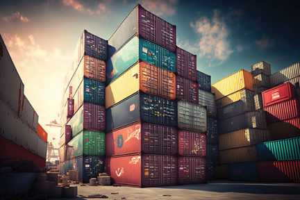 Tall stacks of multicolored shipping containers beneath a cloudy sky.