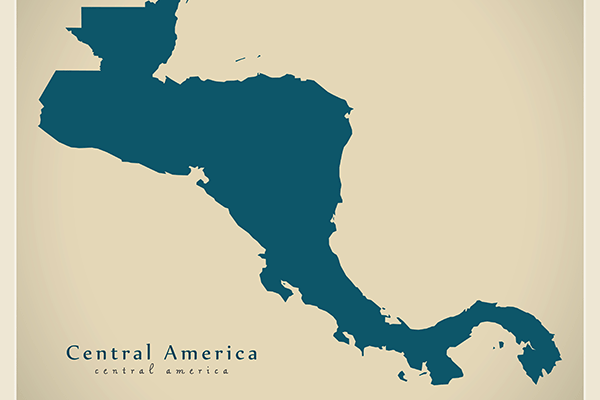 Dark teal silhouette map labeled Central America on a beige background.