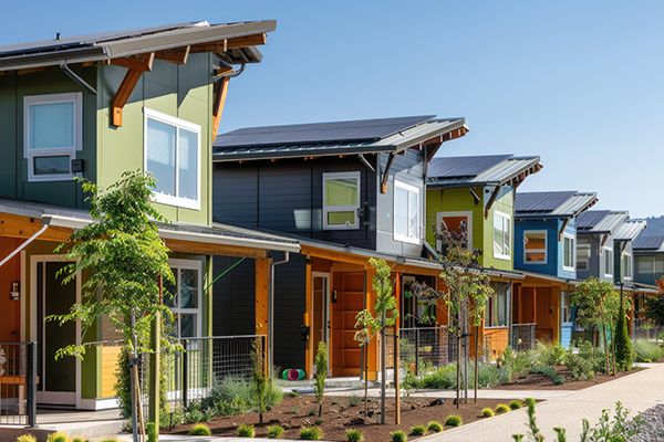 A row of colorful modern homes with roof-mounted solar panels.