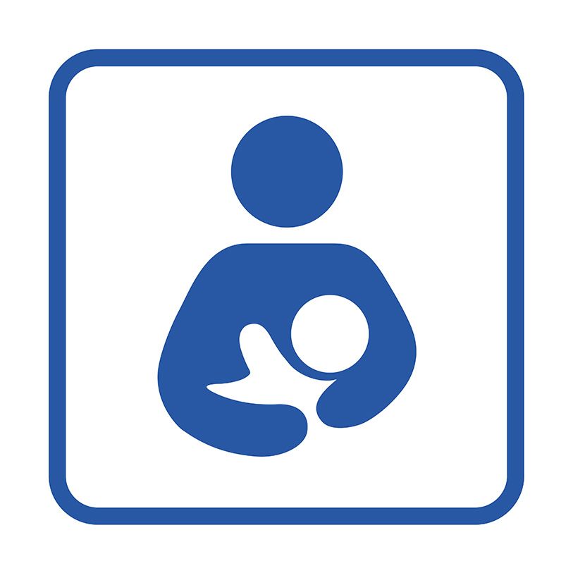 Blue pictogram of a person breastfeeding a baby inside a rounded square border.