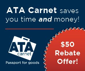 ATA Carnet advertisement reading 'saves you time and money!' and '$50 Rebate Offer!' with the tagline 'Passport for goods.'