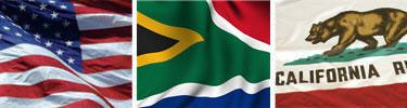 United States, South Africa and California flags displayed side by side.