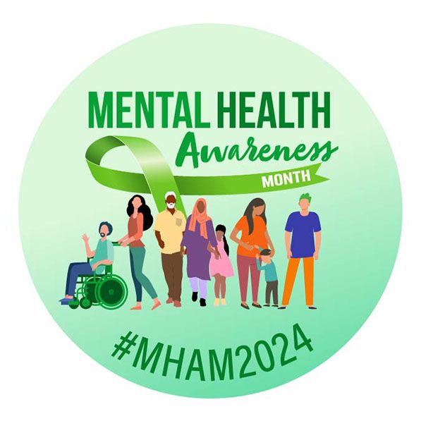 Mental Health Awareness Month graphic with a green ribbon, illustrated people and hashtag #MHAM2024.