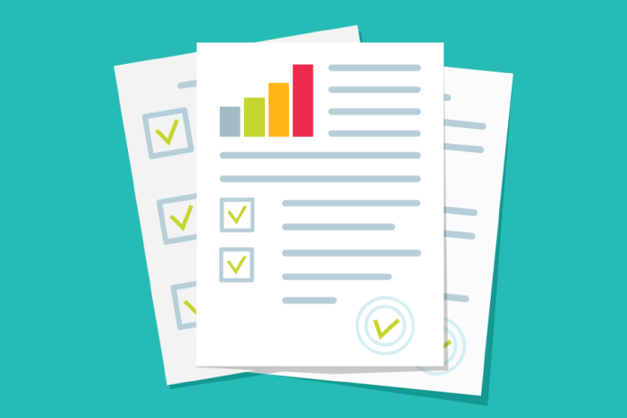 Illustration of stacked reports with checkmarks, text lines and a colorful bar chart on teal.