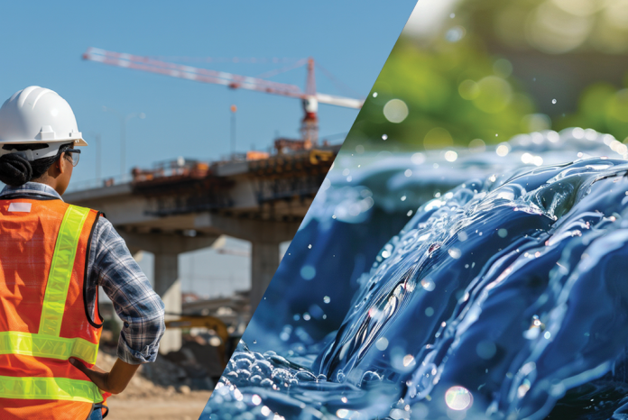 Split image of a hard-hat worker at a bridge construction site and clear flowing water.