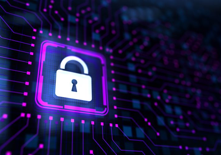 A white padlock glows within a purple circuit-board graphic.