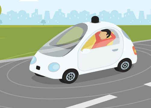 Illustration of a small driverless car carrying a reclining passenger along a road.