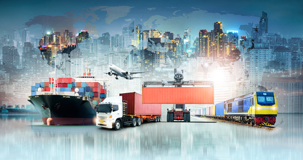 A cargo ship, truck, train, airplane and containers appear beneath an interconnected global cityscape.
