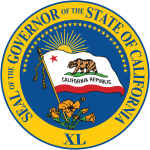 Seal of the Governor of the State of California in blue and gold with the Roman numeral XL.