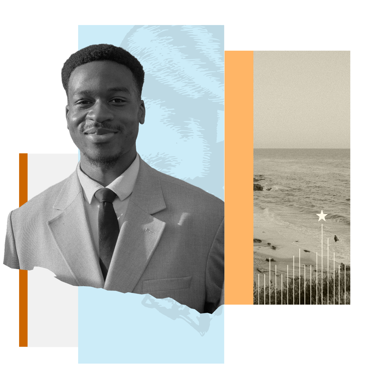 Collage of a smiling man in a suit, a coastal photograph and pale blue and orange geometric panels.