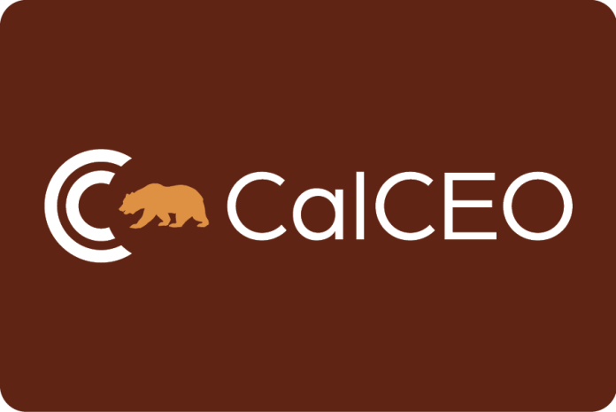 CalCEO logo with a gold bear and white lettering on a brown background.