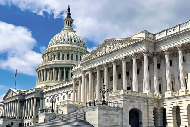 Low-angle view of the United States Capitol dome and white columned facade.