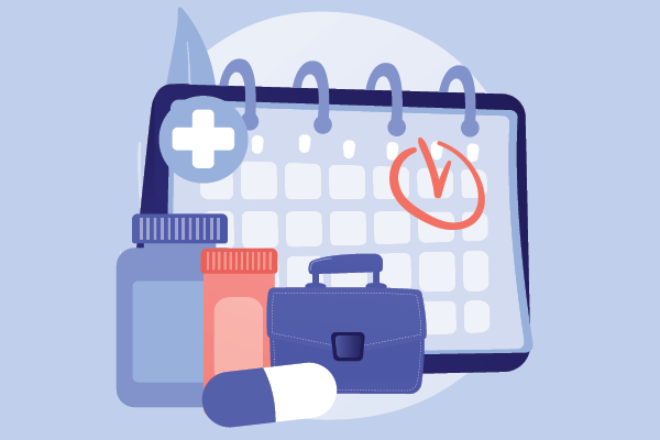 Illustration of a calendar, medicine bottles, capsule and medical bag against a pale blue background.