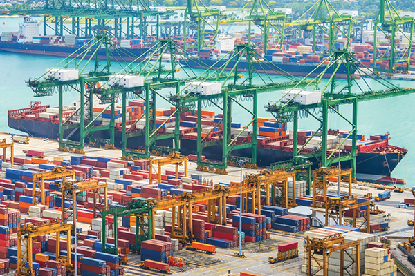 A busy container port with cargo ships, stacked shipping containers and large green cranes.