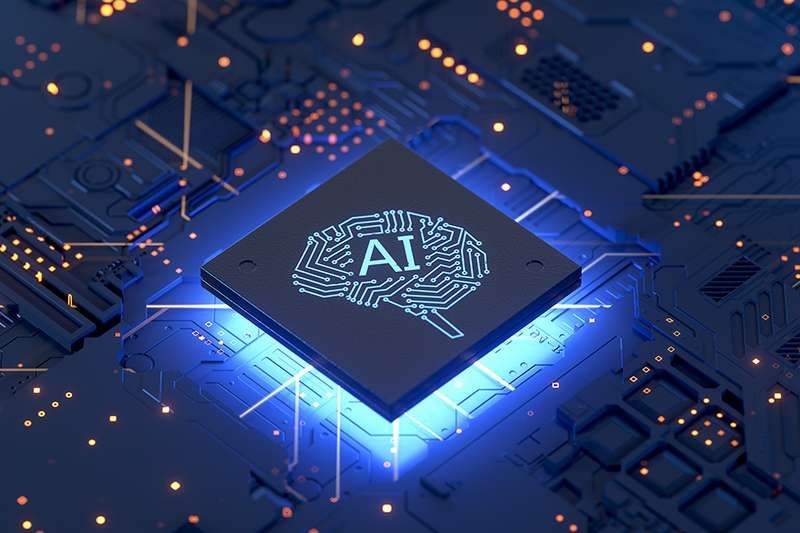 A glowing blue computer chip marked AI sits on a circuit board.