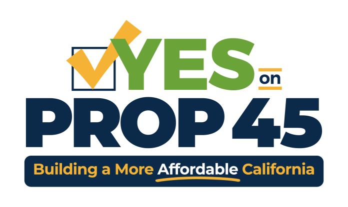 Campaign logo for 'Yes on Prop 45' featuring a checkmark and the slogan 'Building a More Affordable California'.