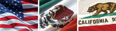Waving flags of the United States, Mexico, and California.
