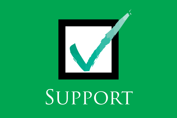 A green checkmark inside a black-outlined box above the word SUPPORT on green.