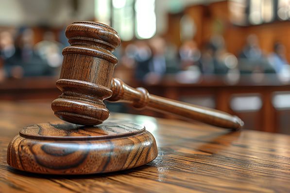 A wooden gavel rests on its sound block with a courtroom blurred behind it.
