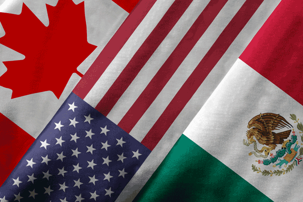 Canadian, United States and Mexican flags overlap diagonally.