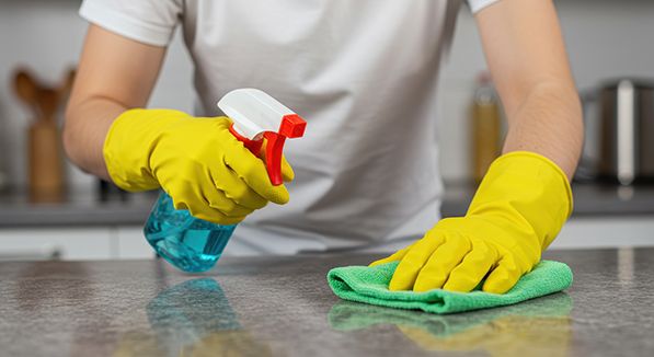 A person in yellow gloves sprays and wipes a countertop with a green cloth.