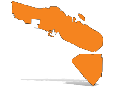 Orange silhouette map of Alameda with a gray drop shadow.