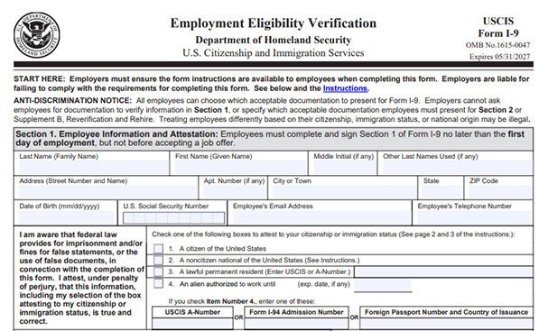 U.S. Citizenship and Immigration Services Form I-9, Employment Eligibility Verification, showing employee information fields.