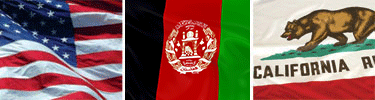 U.S., Afghan tricolor and California flags displayed in three adjacent panels.
