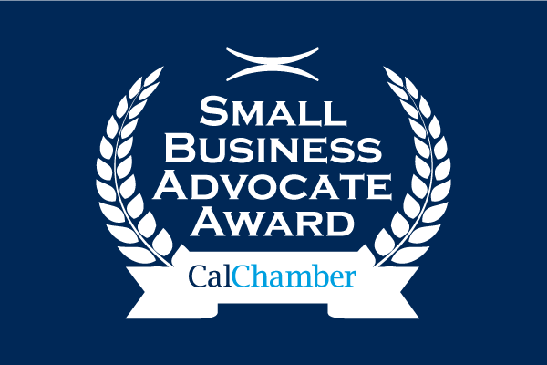 Small Business Advocate Award graphic with white laurel branches and a CalChamber ribbon on navy blue.
